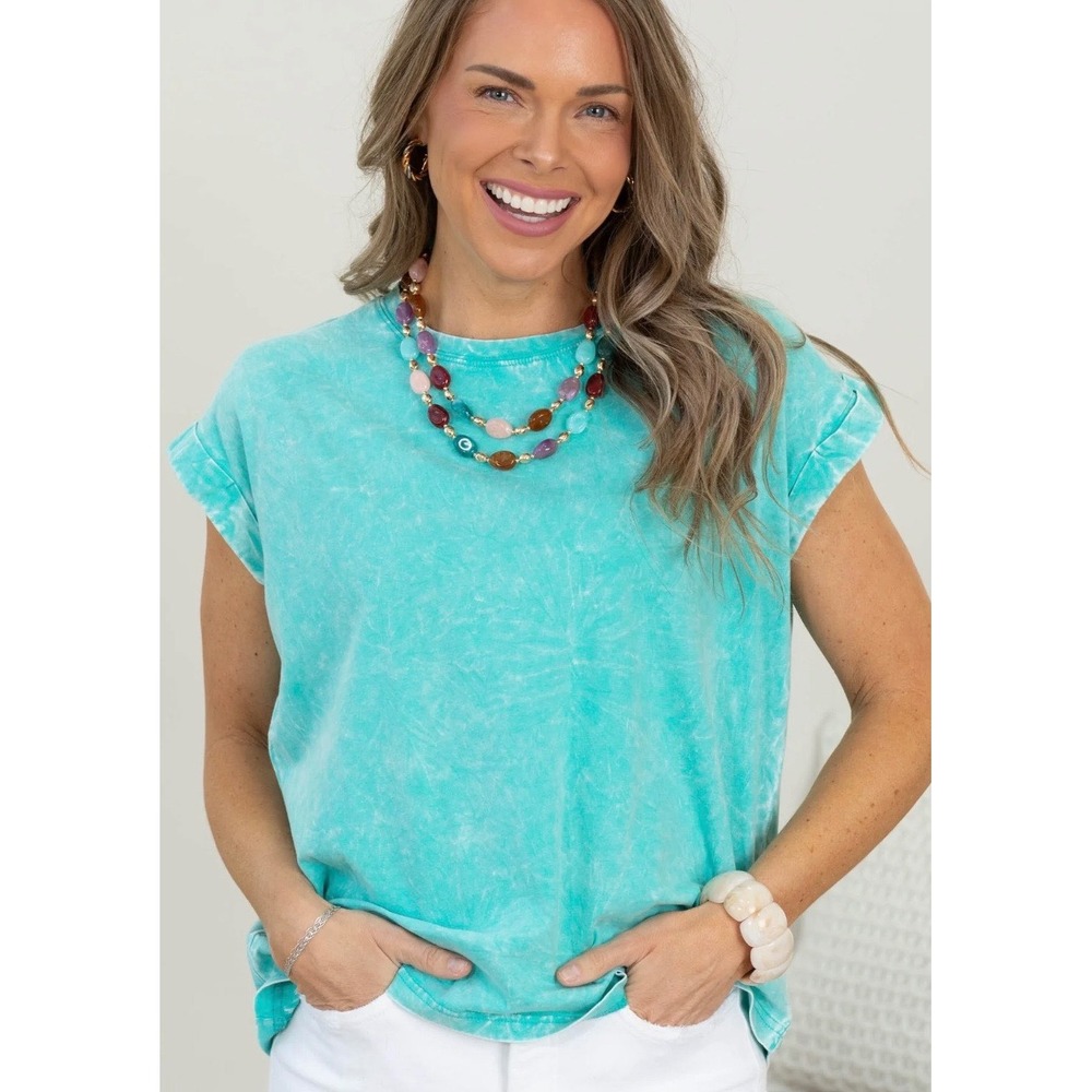 Zenana Turquoise Distressed TShirt Short Sleeve Casual Cute Women's Size Medium